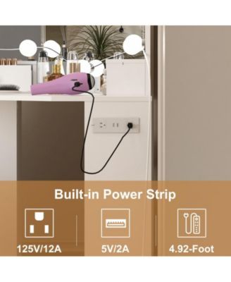 Corner Vanity Mirror with Lights and Table Set & Power Outlet, Makeup Vanity Table with Lights with 2 Drawers & Stool, 3 Ligthing Color Vanity Desk