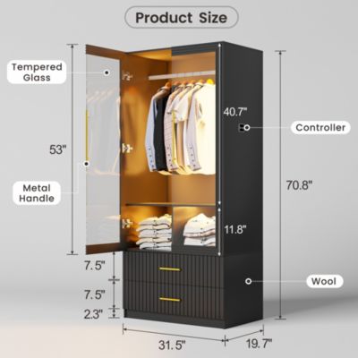 70.8" Modern Wardrobe Armoire with LED Glass Doors, Motion Sensor, 2 Drawers & Hanging Rod