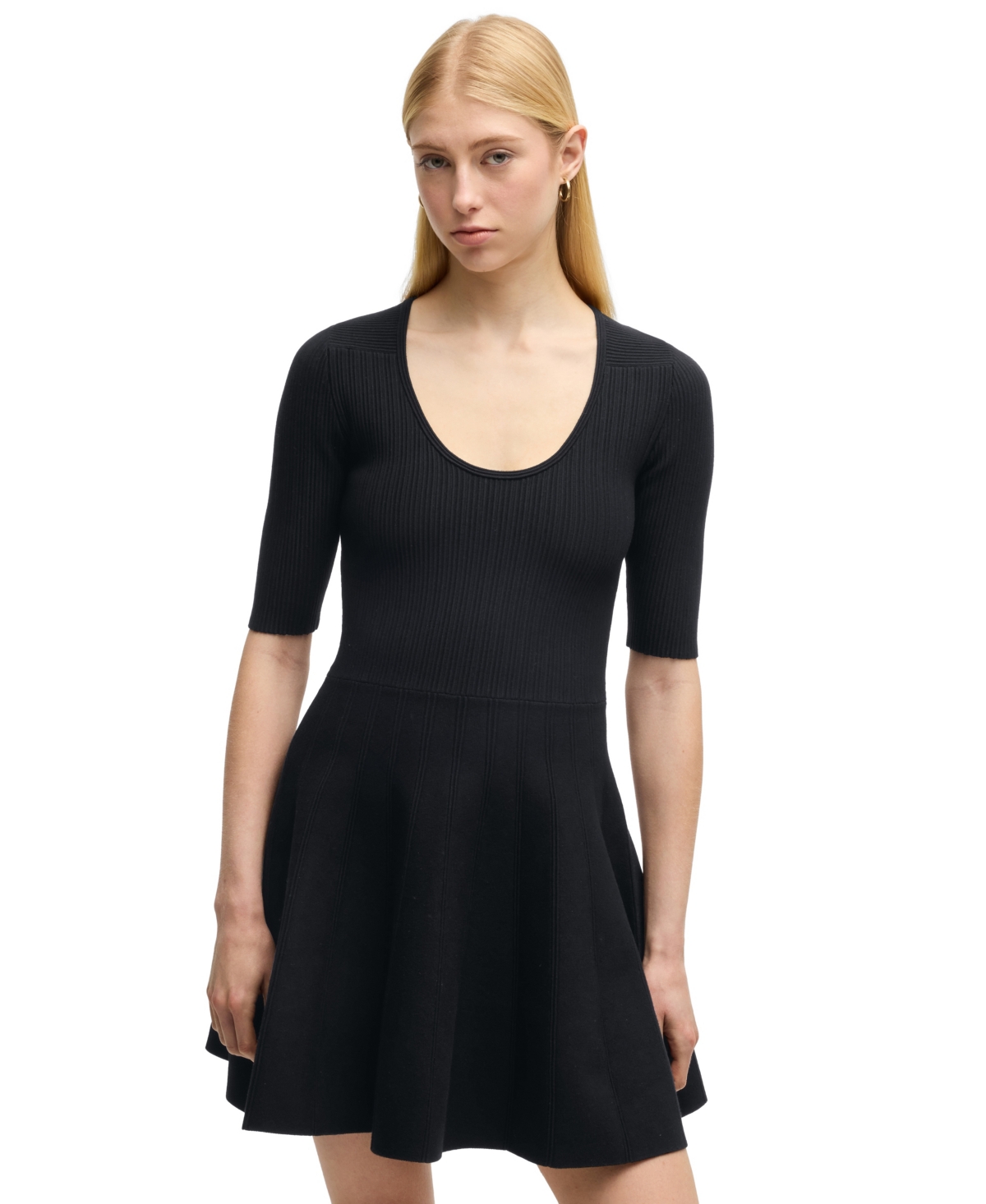 Hugo Boss Boss Scoop Neck Fit & Flare Rib Dress In Black