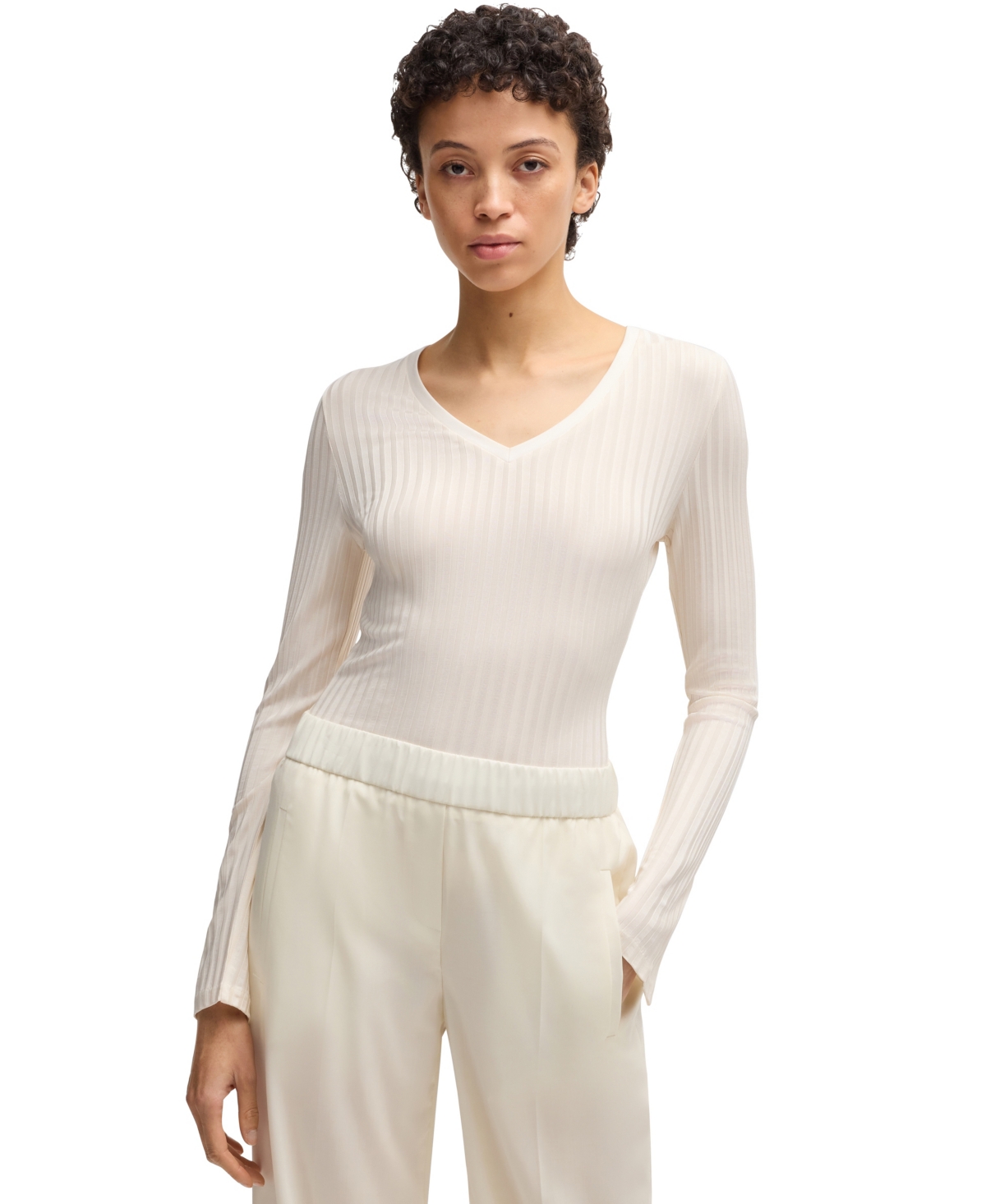 Hugo Boss Boss By  Women's Long-sleeved V-neck Top In Open White