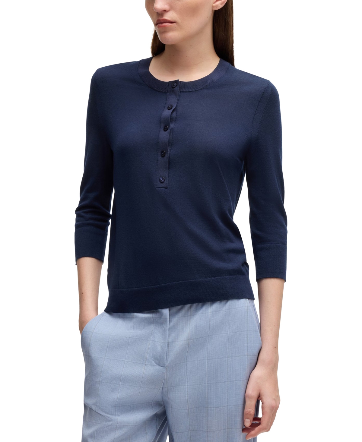 Hugo Boss Henley-neck Sweater In Merino Wool In Dark Blue