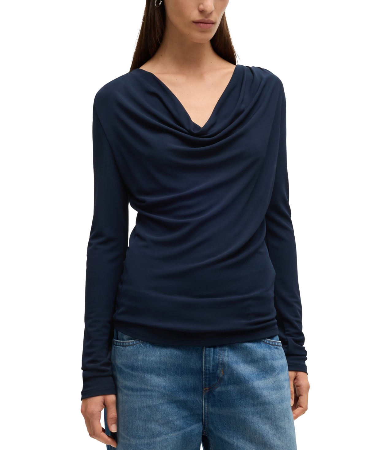 Hugo Boss Boss Eseyana Drape Neck Knit Top In Dark Blue