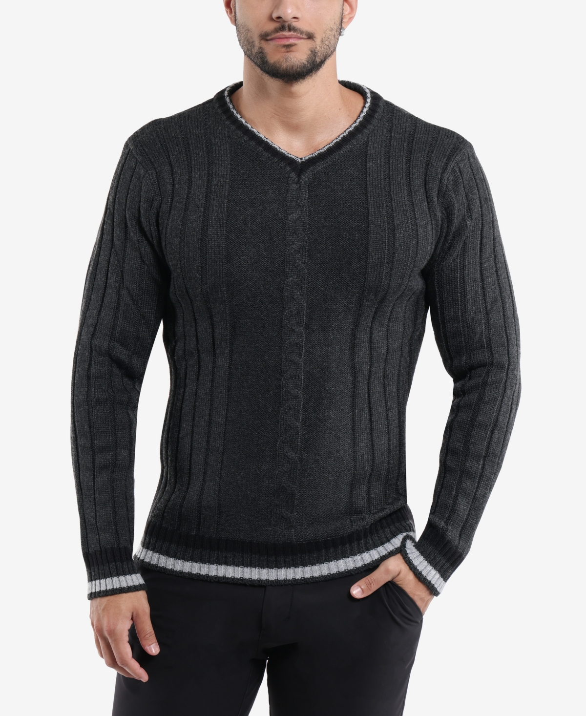 Men's Cable Knit Tipped V-Neck Sweater - Navy