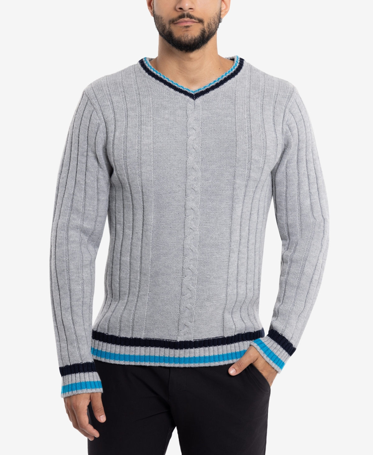 Men's Cable Knit Tipped V-Neck Sweater - Navy