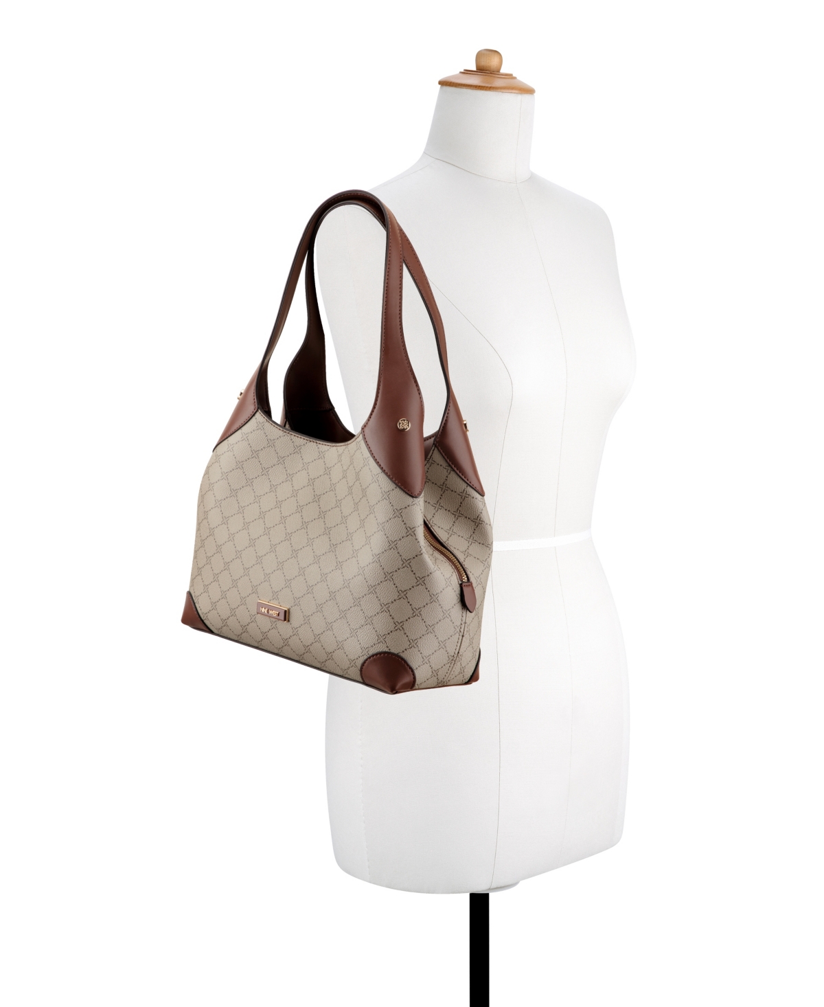 Shop Nine West Eamon Large Shoulder Bag In Beige Logo Mahogany