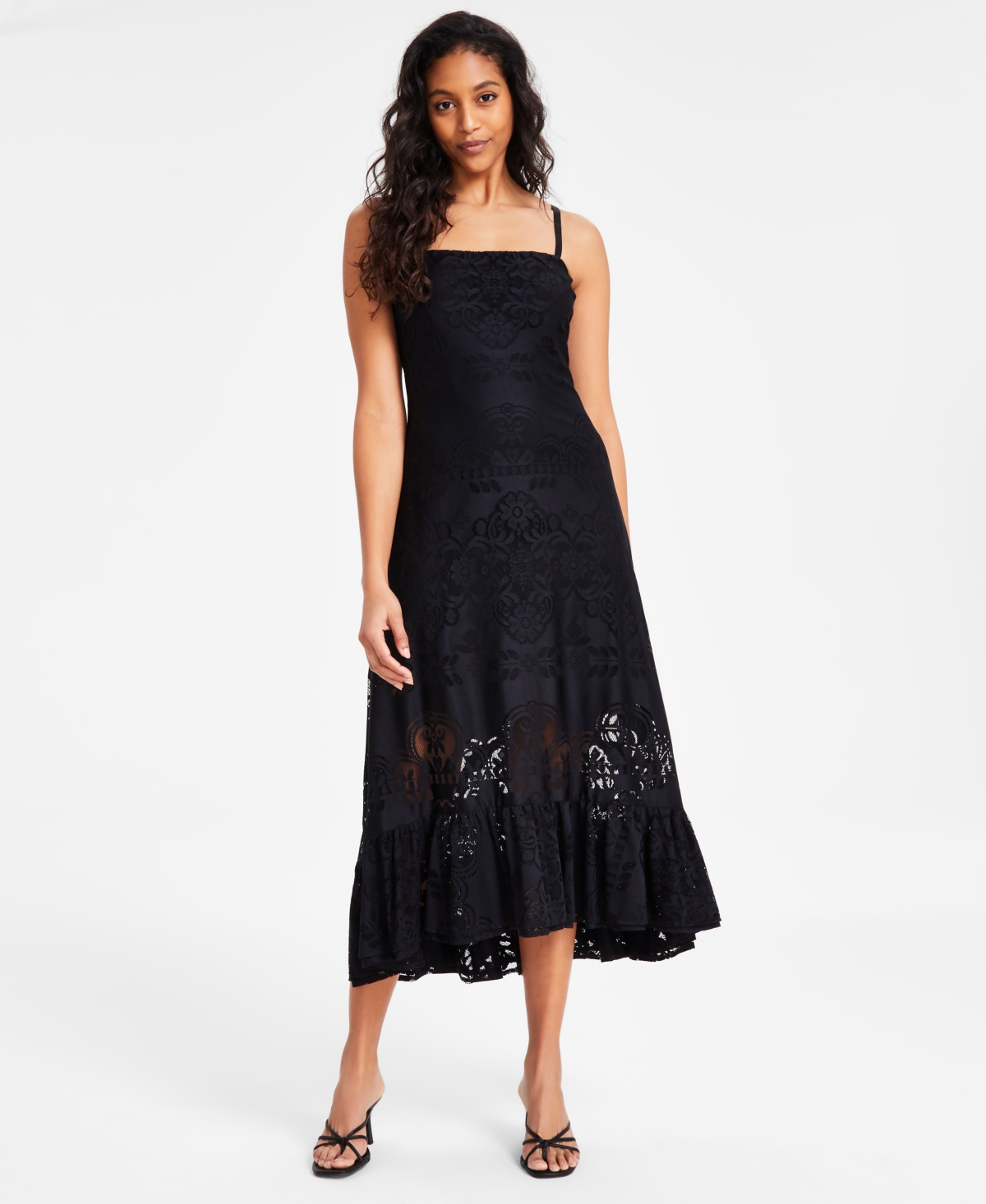 Bar Iii Women's Ruffled-hem Lace Midi Dress, Exclusively At Macy's In Deep Black