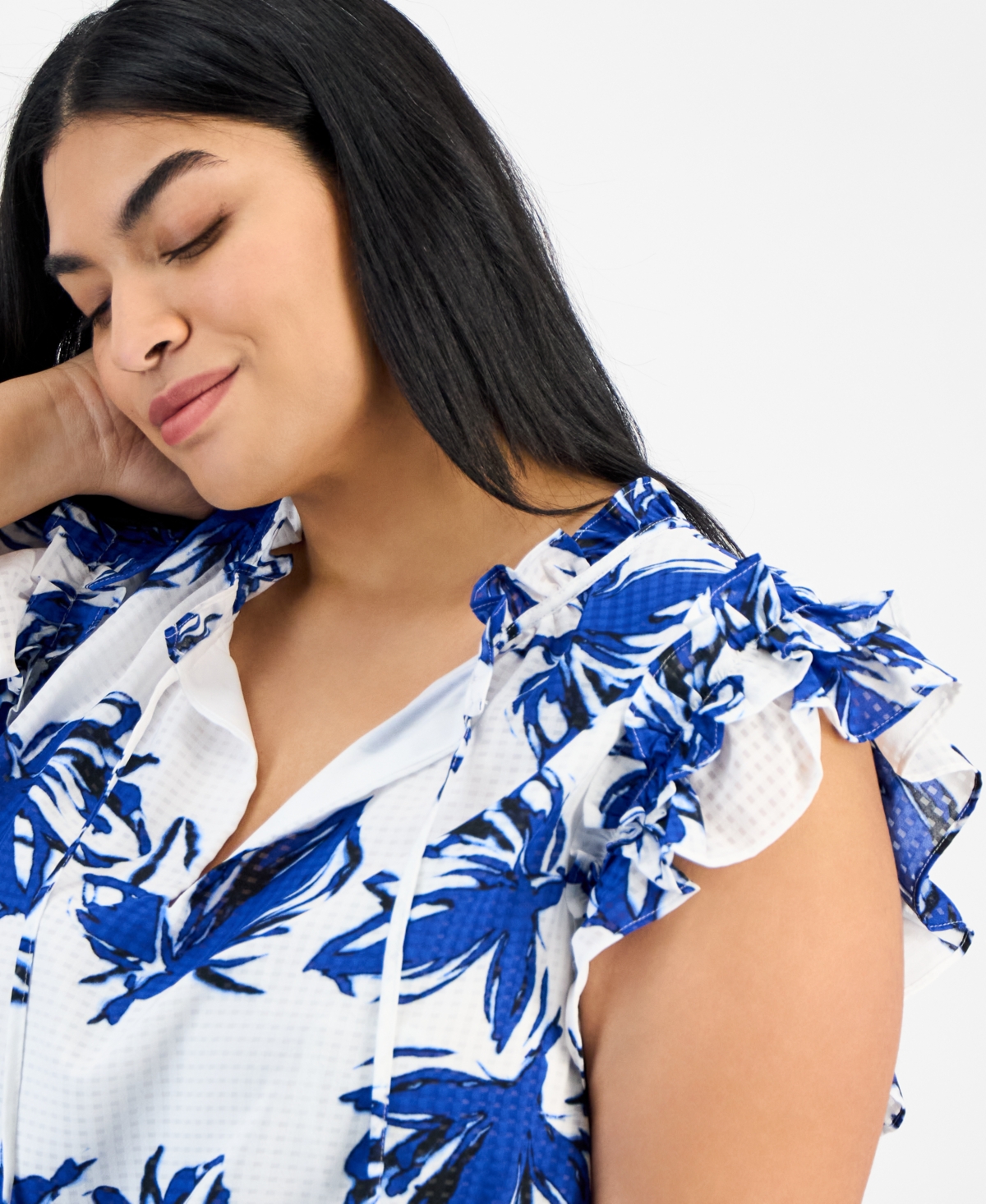 ANNE KLEIN PLUS SIZE DOUBLE RUFFLE TIE-FRONT BLOUSE 