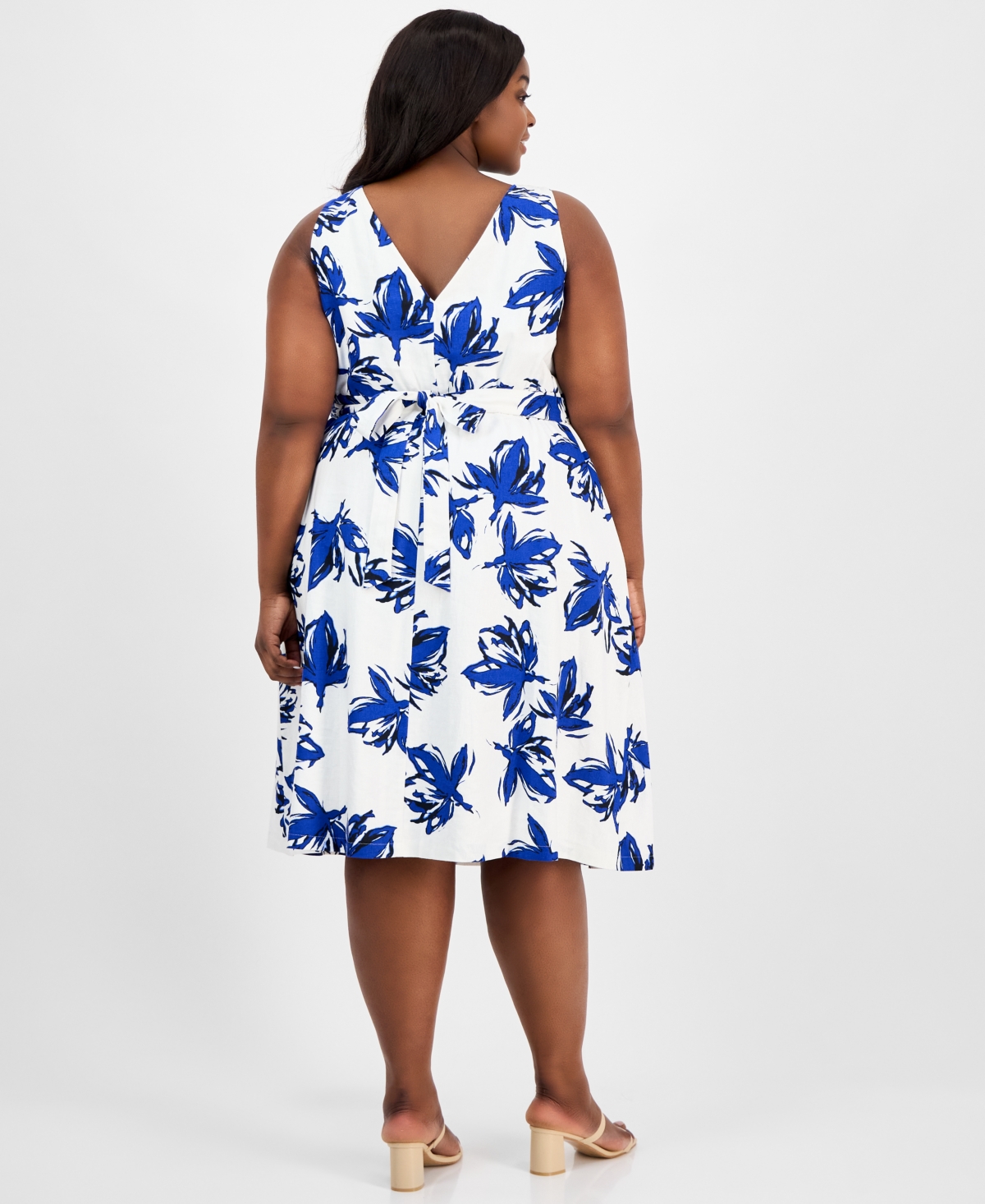 Anne Klein Plus Size Floral-print Linen-blend Fit & Flare Dress In Santorini Blue Multi