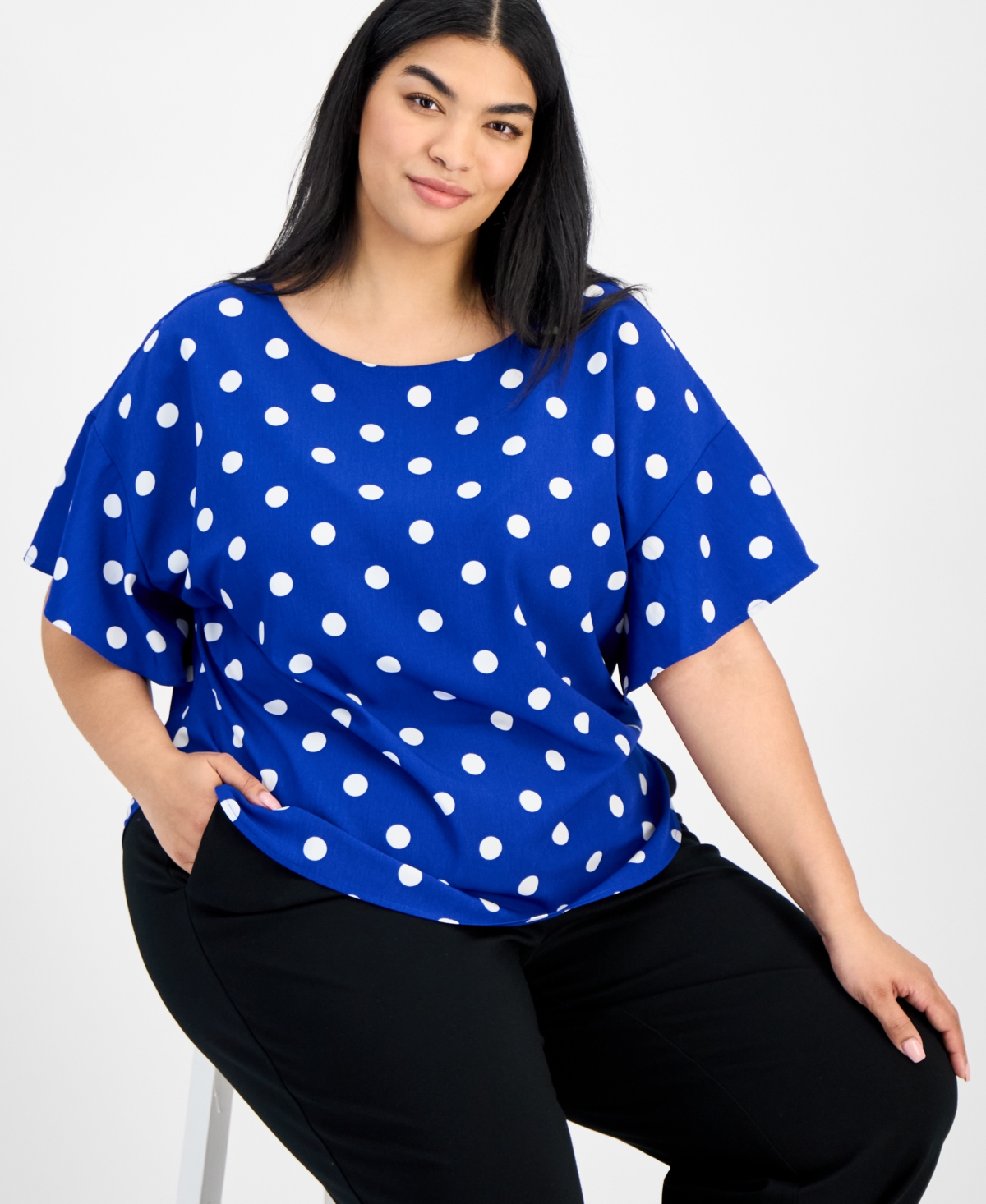 ANNE KLEIN PLUS SIZE PRINTED FLUTTER-SLEEVE BLOUSE 