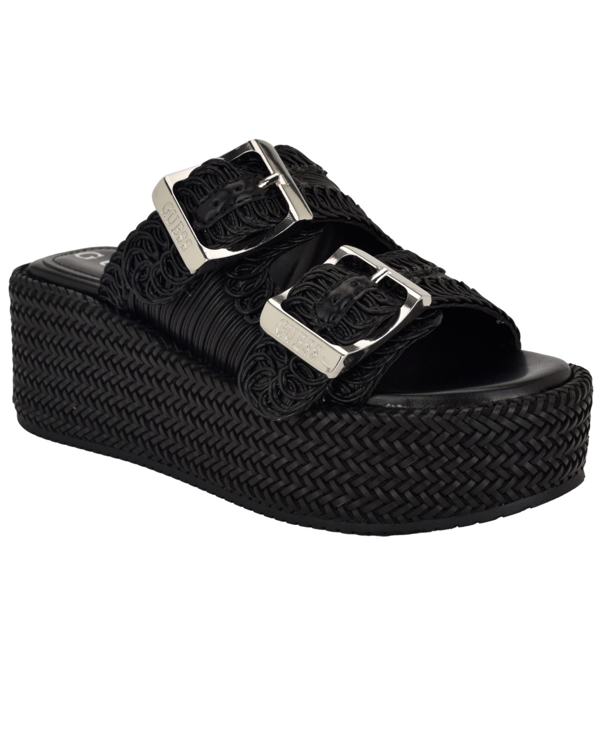 Guess Women's Binks Double-buckle Woven Platform Wedge Sandals In Black