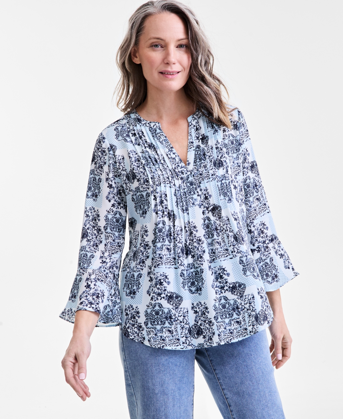 Style & Co Women's Printed Pintuck Ruffle Sleeve Top, Exclusively At Macy's In Tonal Dress