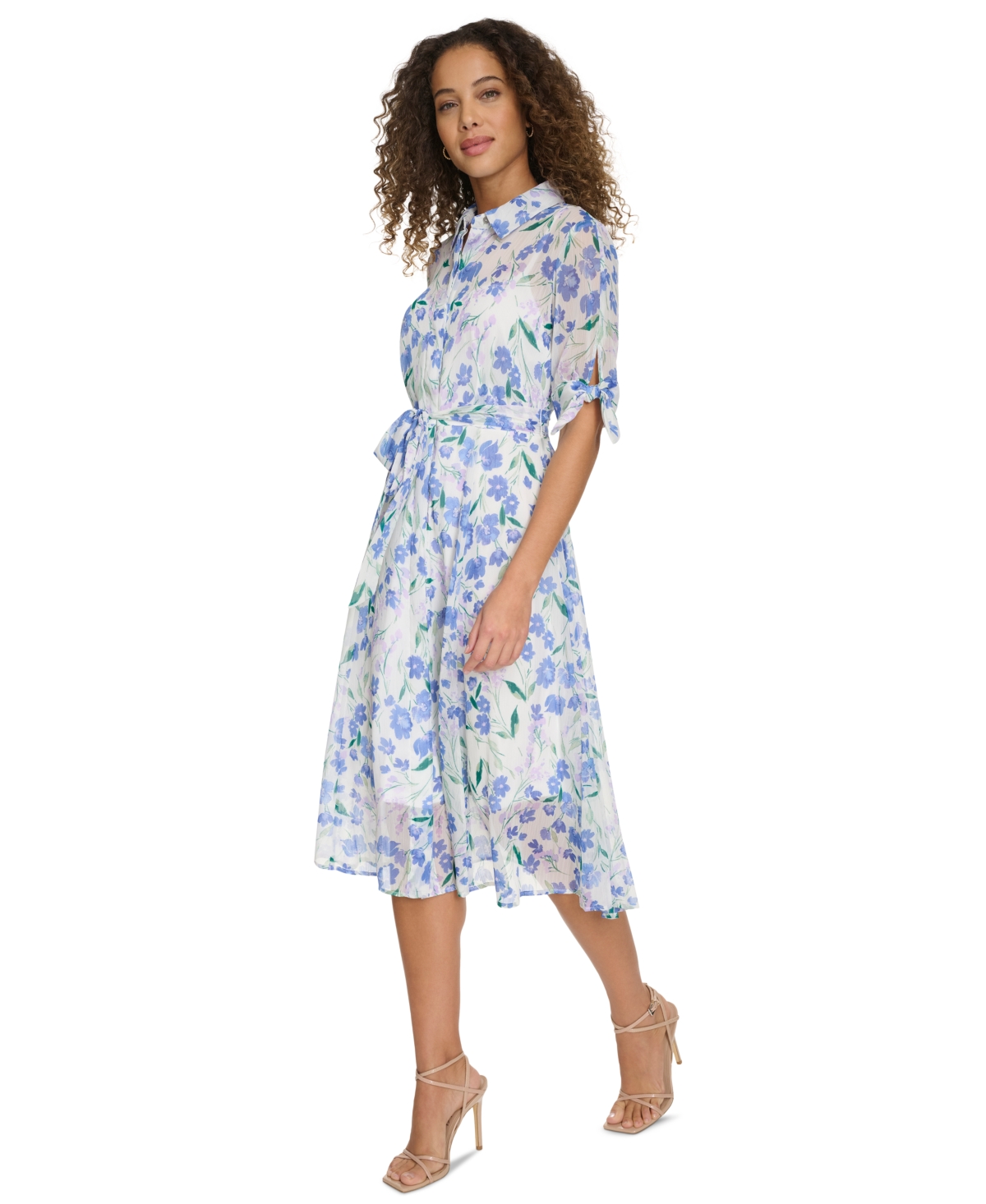 Shop Calvin Klein Women's Floral-print Button-front Chiffon Dress In Cream Multi