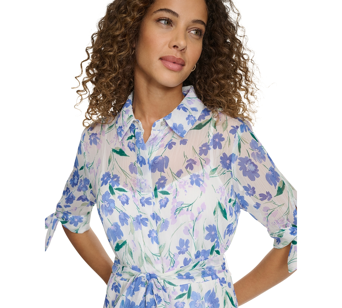 Shop Calvin Klein Women's Floral-print Button-front Chiffon Dress In Cream Multi
