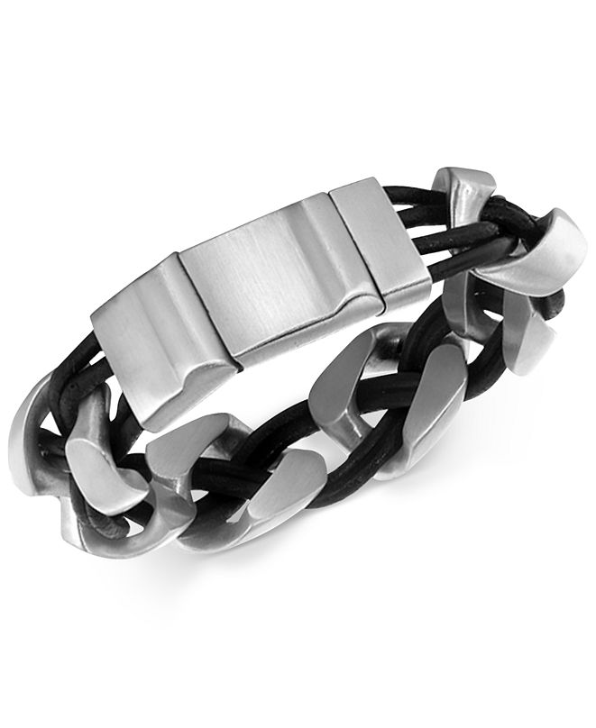 Macy's Men's Linked Bracelet in Leather and Stainless Steel & Reviews