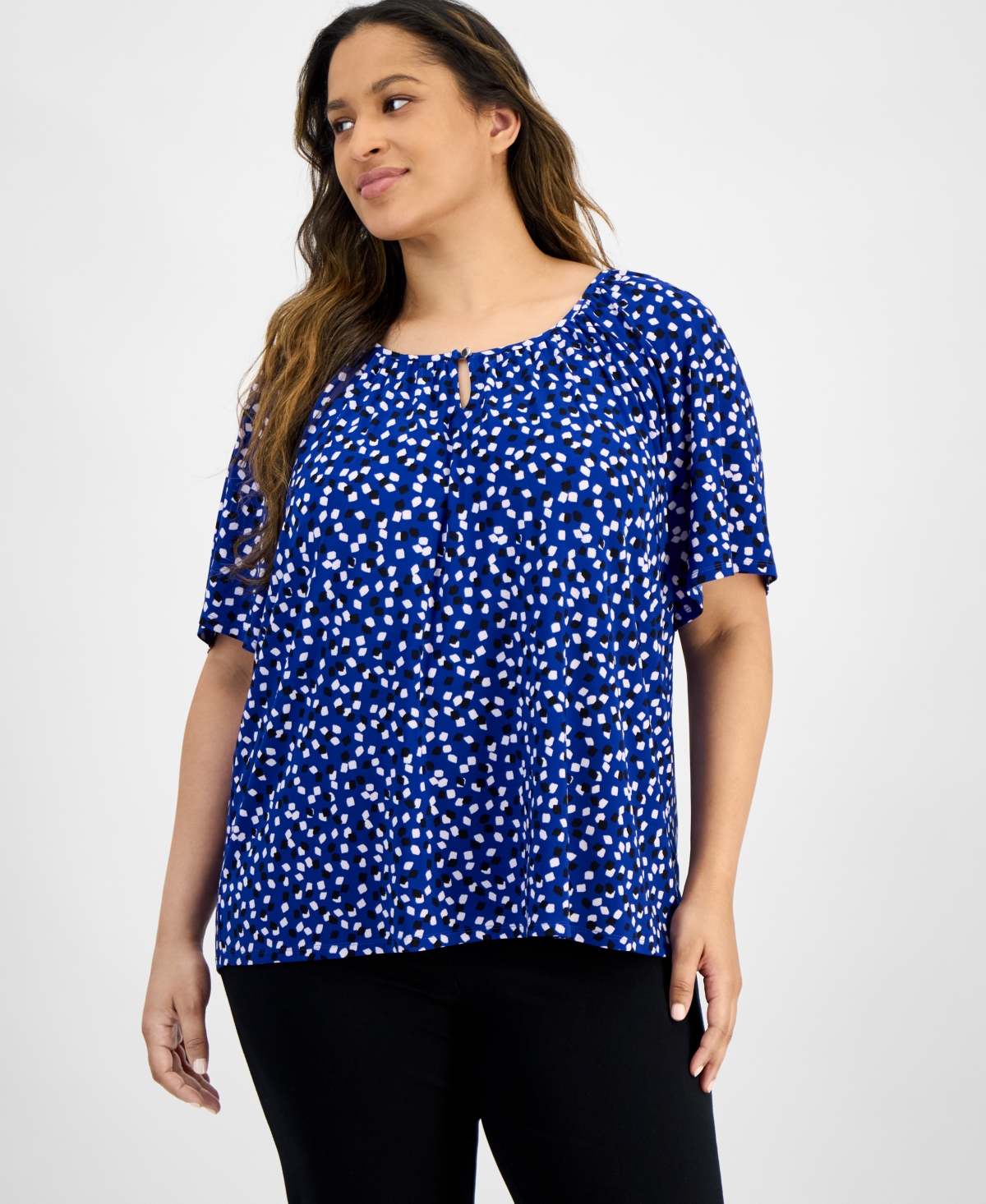 Ak Anne Klein Plus Size Keyhole-cutout Flutter-sleeve Top