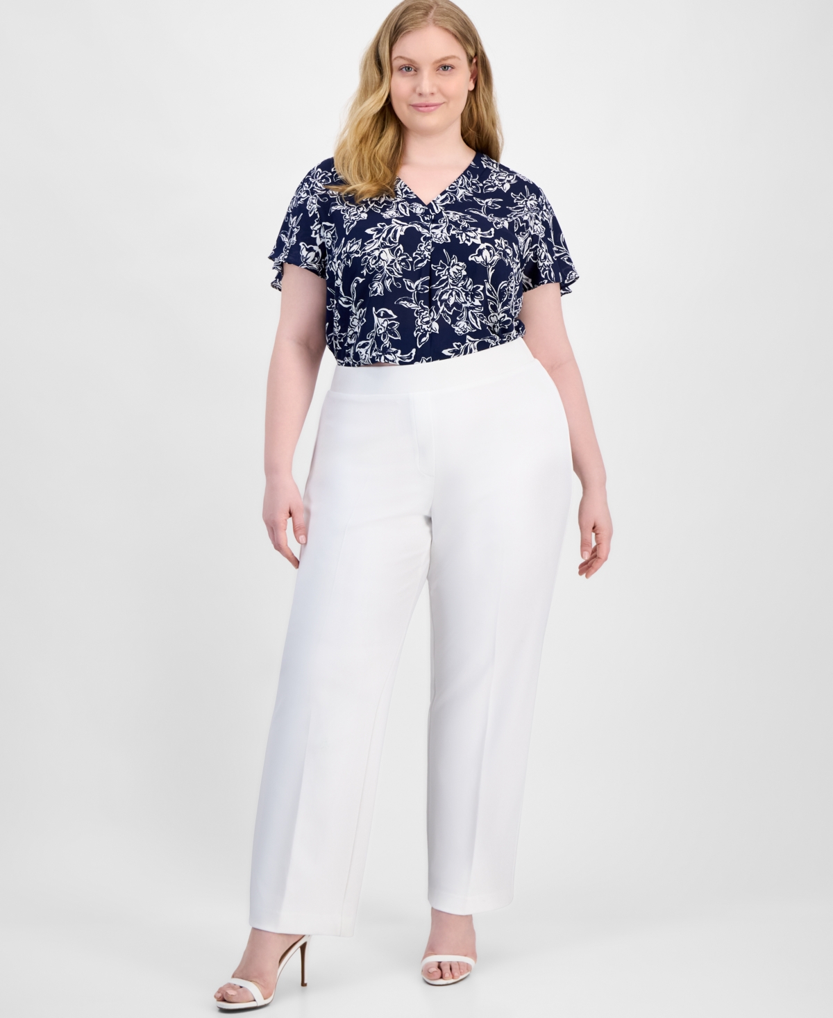Ak Anne Klein Plus Size Floral-print Flutter-sleeve Top In Bright White