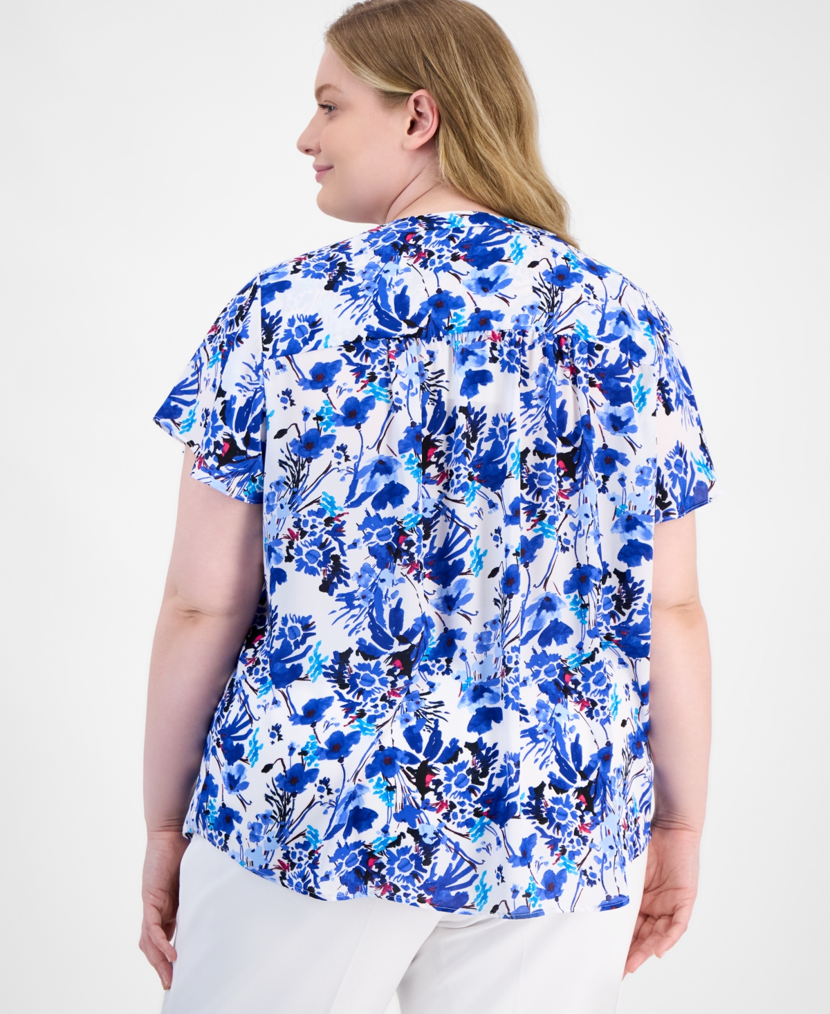 Ak Anne Klein Plus Size Printed Flutter-sleeve Top In Bright White Multi