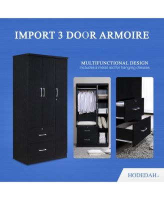 Import 3 Door Armoire with Clothing Rod, Shelves, and 2 Drawers, Black