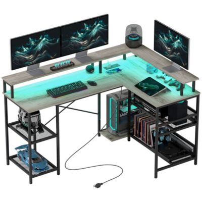 L Shaped Desk with LED Lights and Power Outlets Gaming Desk