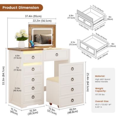 Vanity Desk with Mirror & Lights, Charging Station, Drawers & Chair