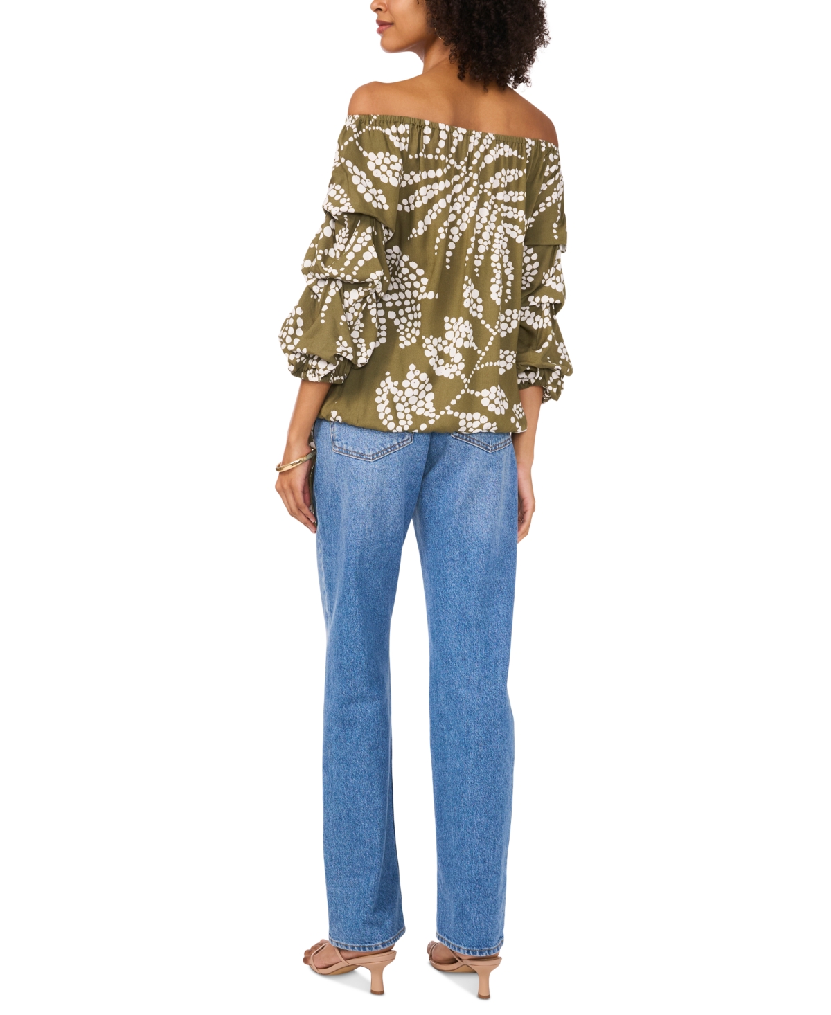 VINCE CAMUTO WOMEN'S TROPICAL-PRINT OFF-THE-SHOULDER BUBBLE 3/4-SLEEVE TIE-FRONT BLOUSE 