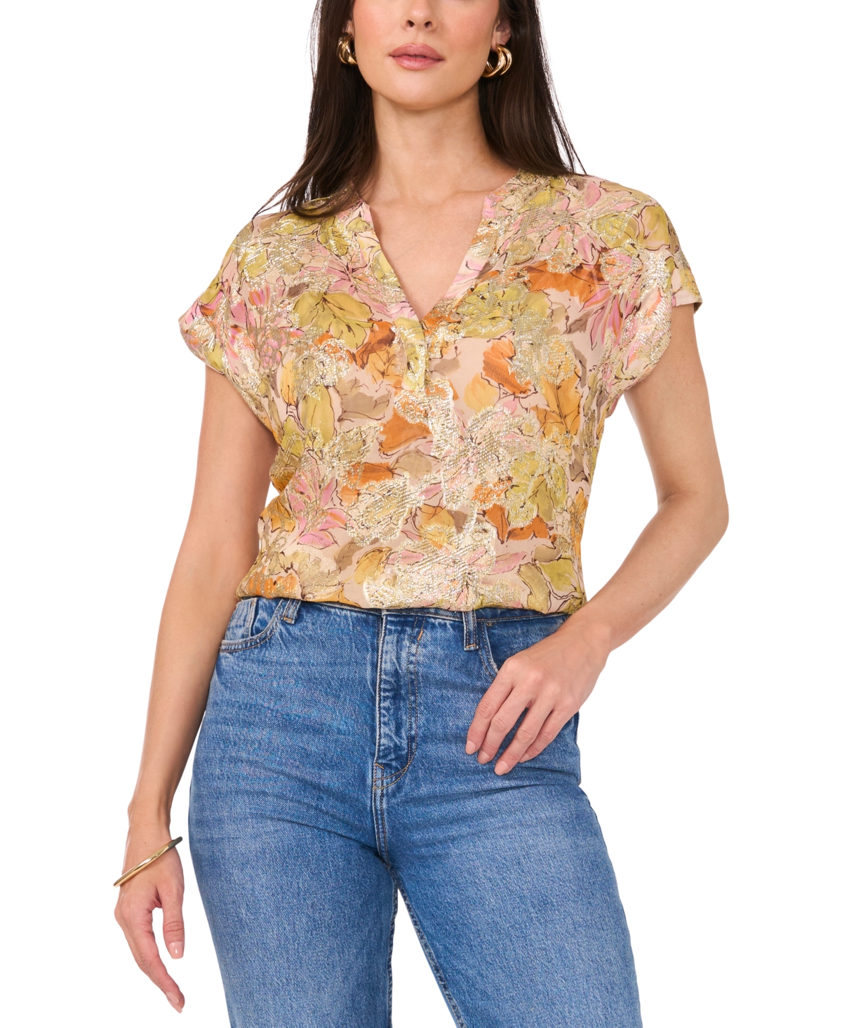 VINCE CAMUTO WOMEN'S FLORAL METALLIC SPLIT-NECK CAP-SLEEVE TOP 