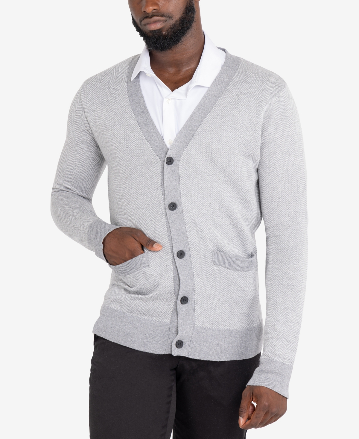 X-Ray Men's Herringbone Cardigan Sweater - Off white/heather grey