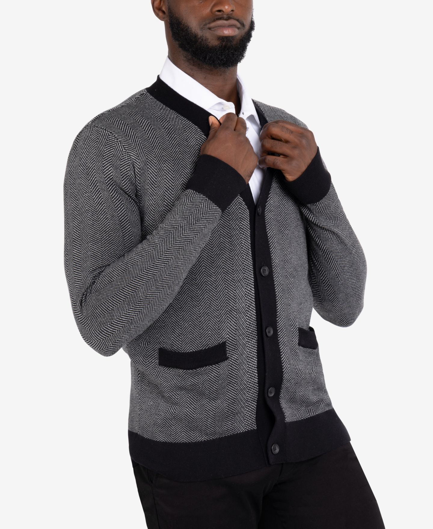 Мужской кардиган X-Ray Herringbone Cardigan, цвет: Молочный белый / Чёрный — фото 4
