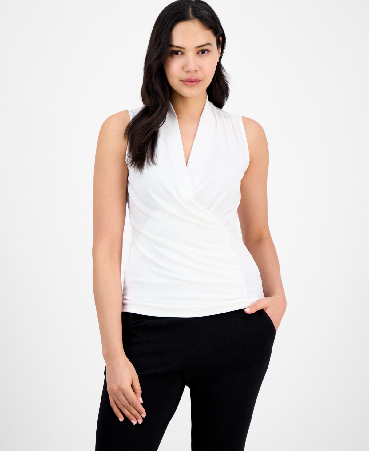 Anne Klein Shirred Faux Wrap Top In White Dove