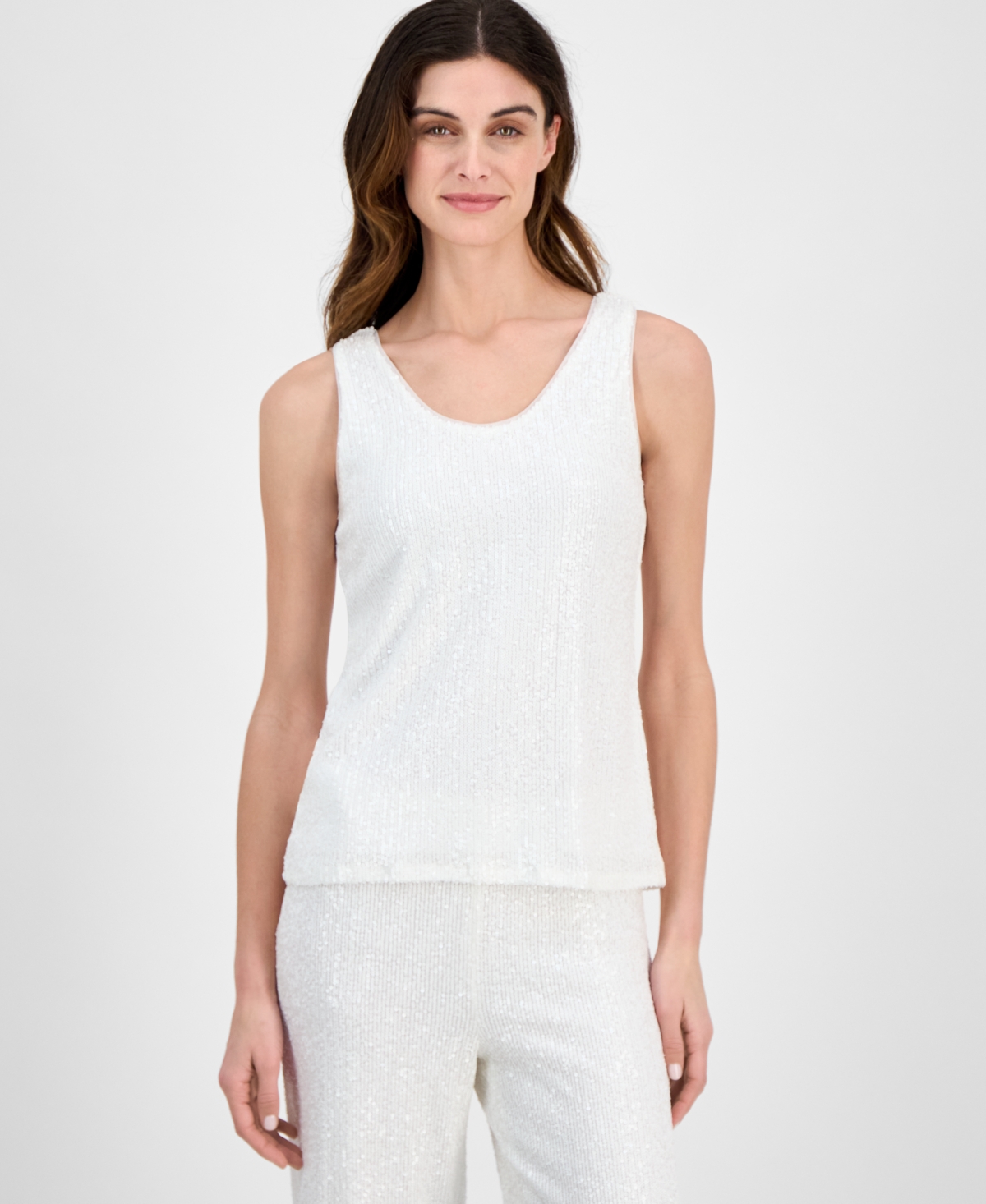 Anne Klein Women's Sequin Double-scoop Sleeveless Tank In White