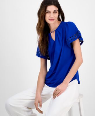 Anne Klein - Women's Harmony Keyhole-Neck Flutter-Sleeve Top