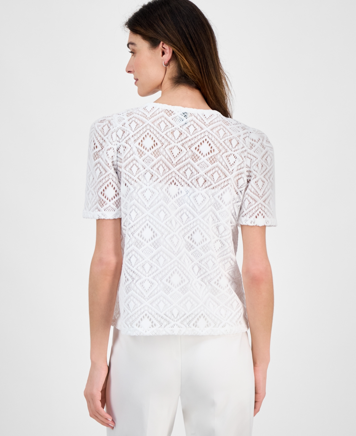 Anne Klein Petite Crewneck Short-puff-sleeve Lace Top In Bright White