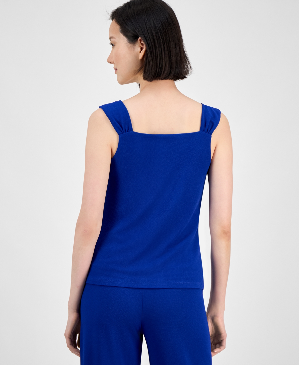 Anne Klein Petite Draped-neck Shirred-strap Top In Santorini Blue
