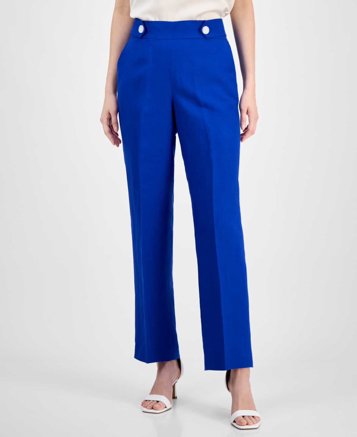 Shop Anne Klein Women's Linen Blend High Rise Side-tab Pull-on Pants In Santorini Blue