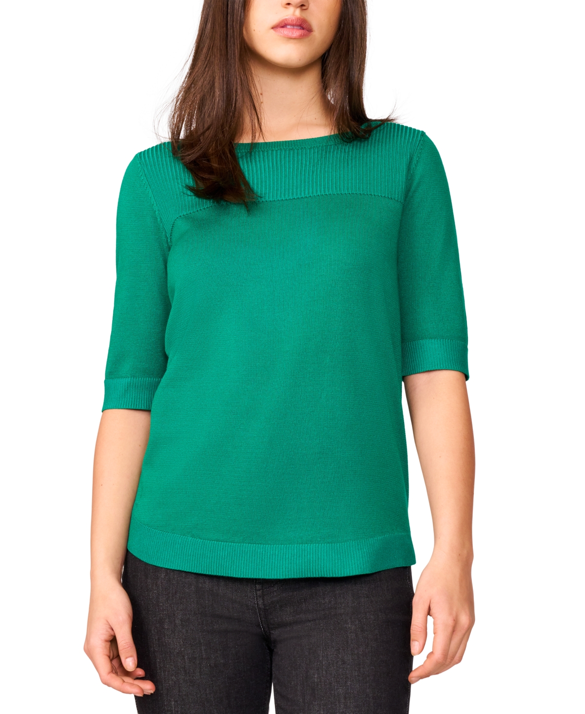 Women's Ribbed-Yoke Elbow-Sleeve Sweater - Pepper Green