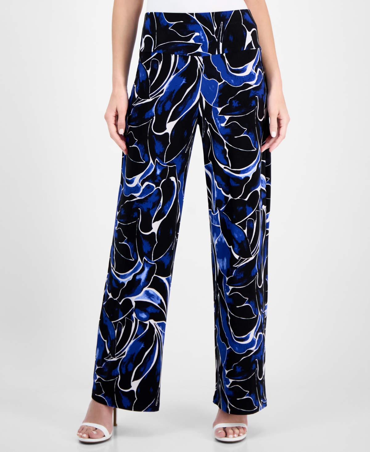 Shop Anne Klein Women's Printed Pull-on Wide-leg Pants In Santorini Blue Multi
