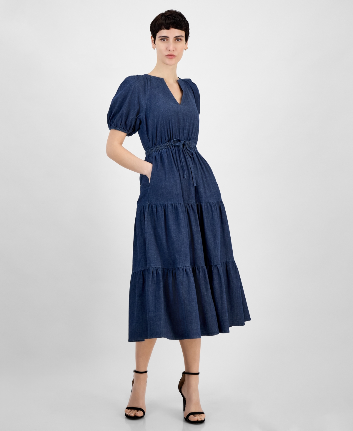 Anne Klein Petite Puff-sleeve Tiered Denim Midi Dress In Blue