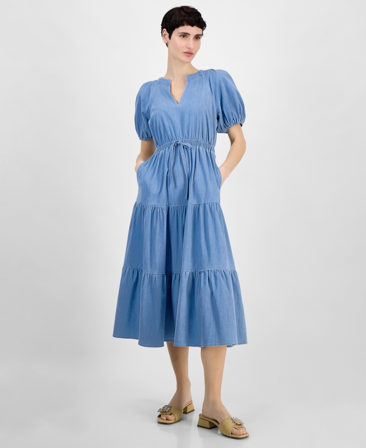 Anne Klein Puff Sleeve Tiered Denim Midi Dress In Blue