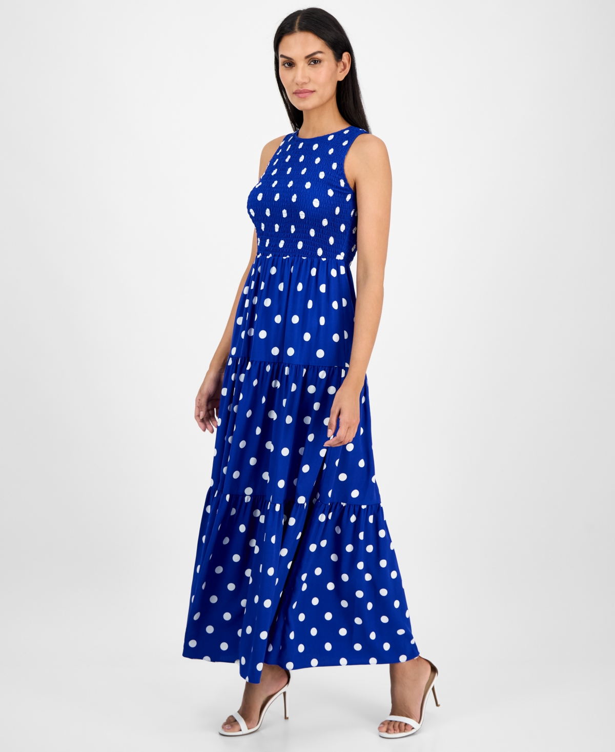 Shop Anne Klein Women's Printed Smocked Tiered Maxi Dress In Santorini Blue,bright White