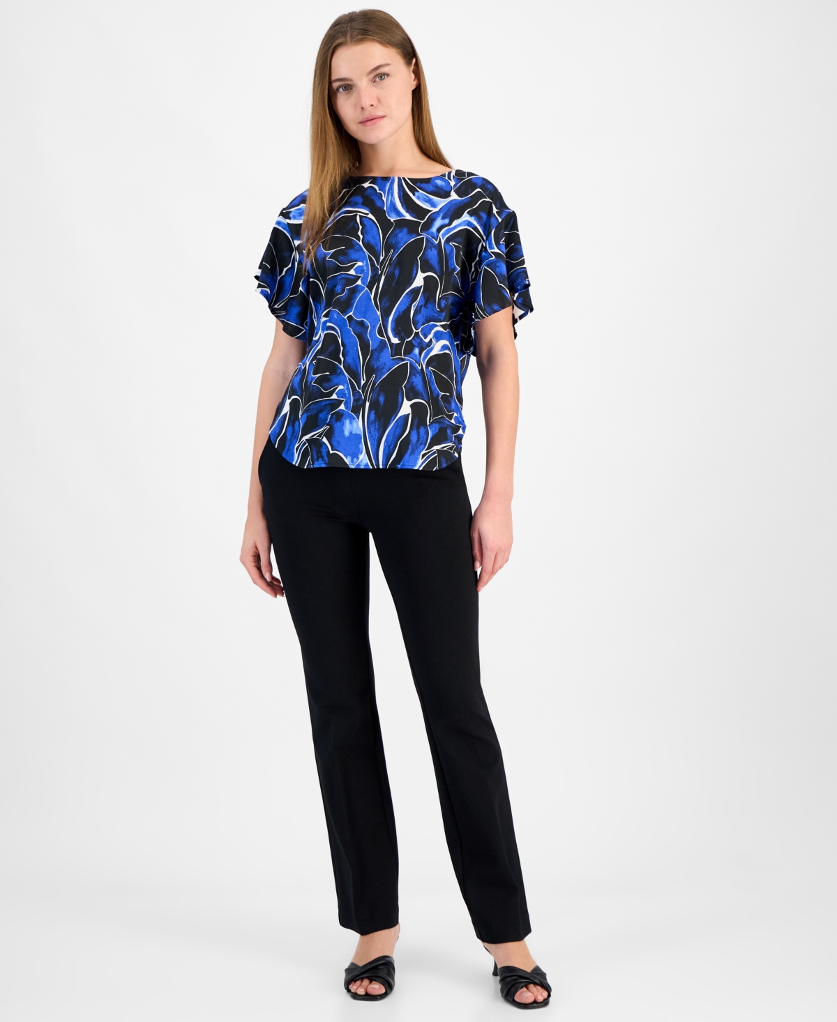 Anne Klein Abstract Floral Flutter Sleeve Top In Santorini Blue Multi