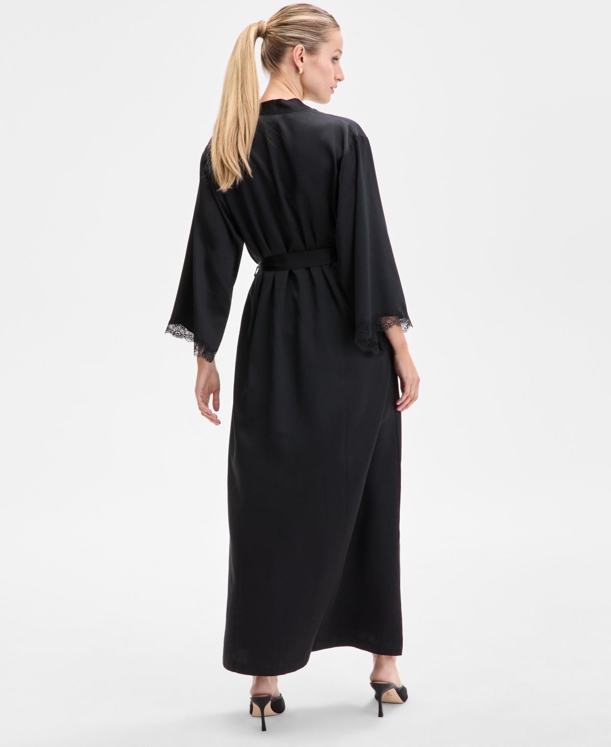 Inc International Concepts Women's Lace-trim Satin Robe, Exclusively At Macy's In Deep Black