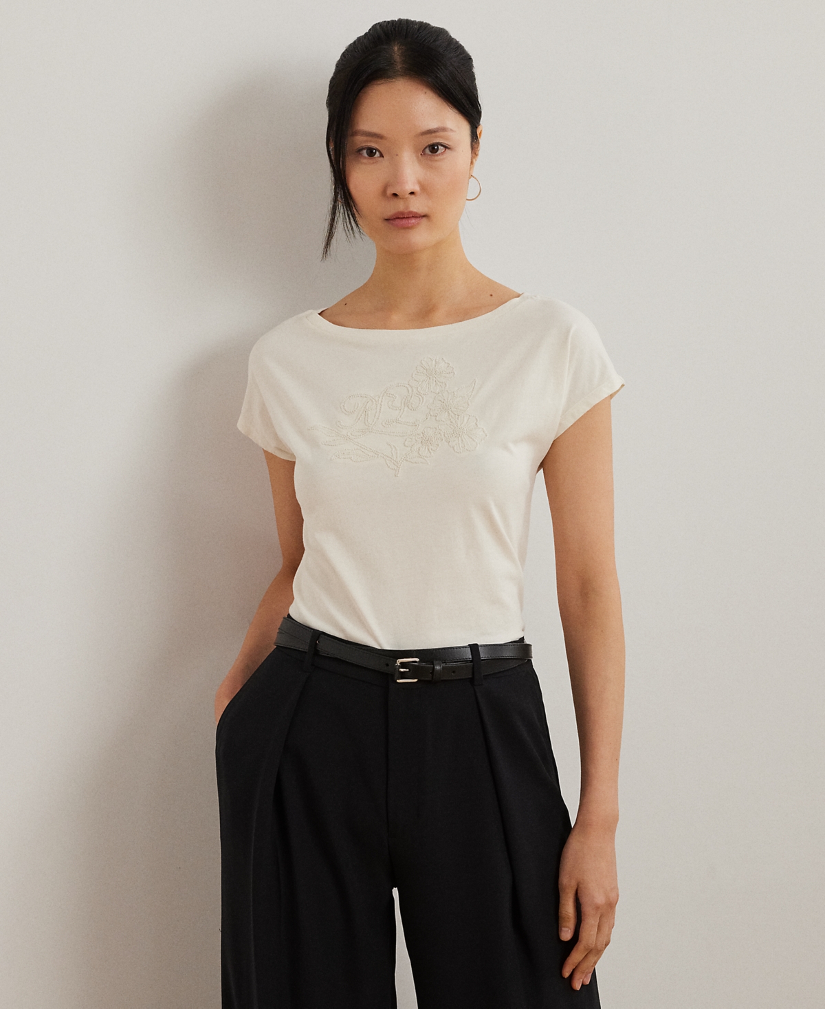 Petite Embroidered Jersey Tee - Mascarpone Cream