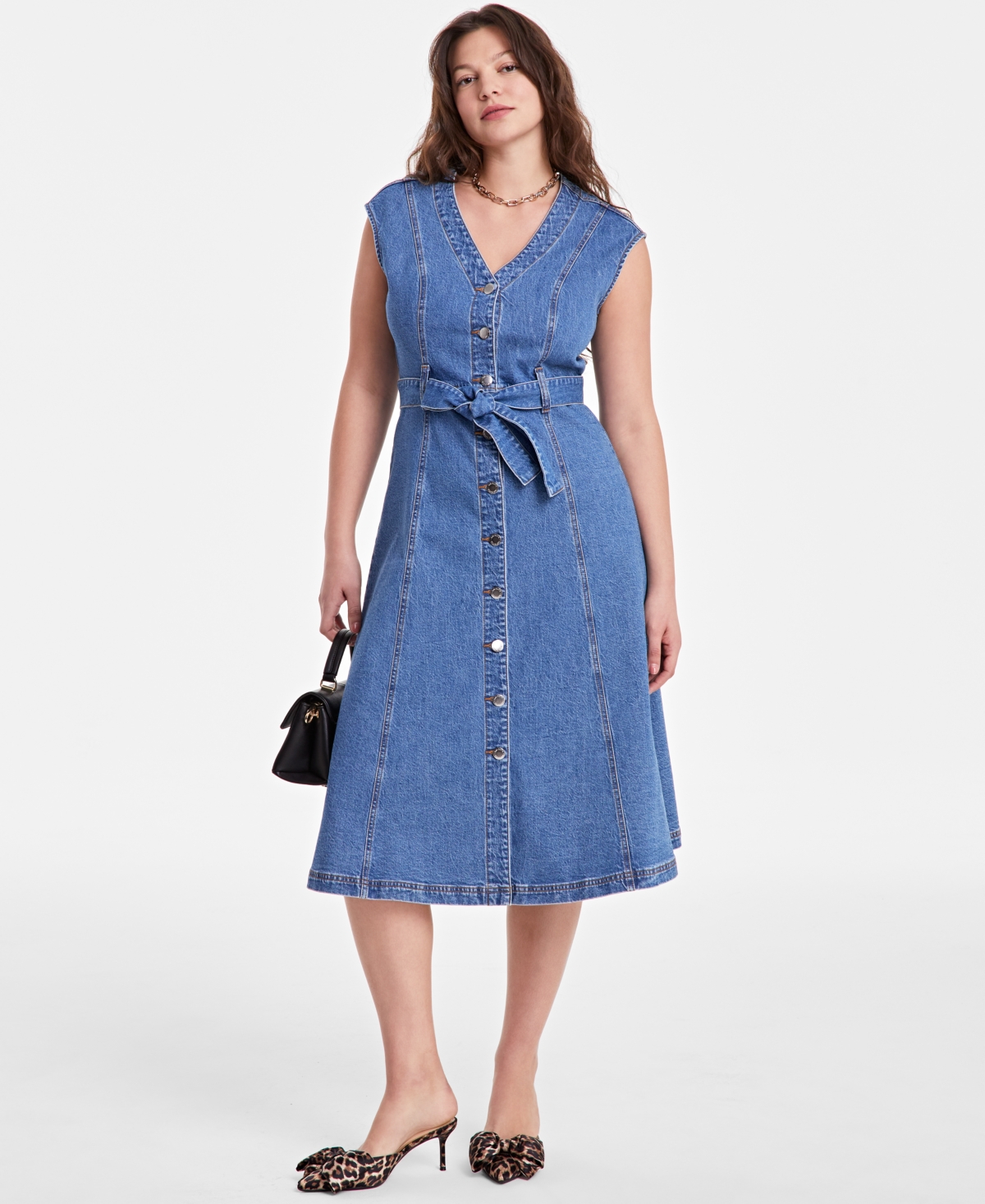 On 34th Women's Sleeveless Belted Denim Midi Dress, Exclusively At Macy's In Bright Medium