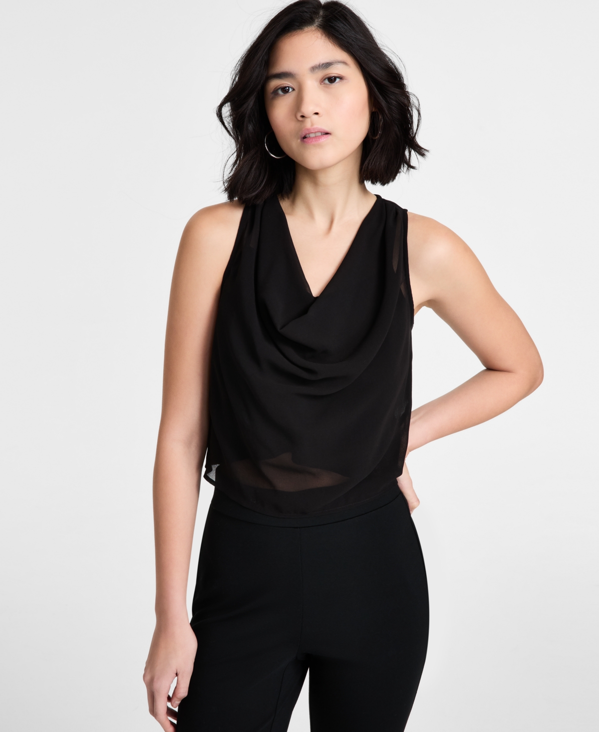 Women's Sheer Sleeveless Cowlneck Top, Exclusively at Macy's - Deep Black