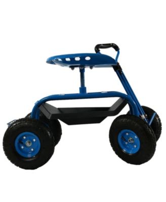 Garden Cart Rolling Scooter with Extendable Steering Handle - Swivel Seat and Utility Basket - Blue