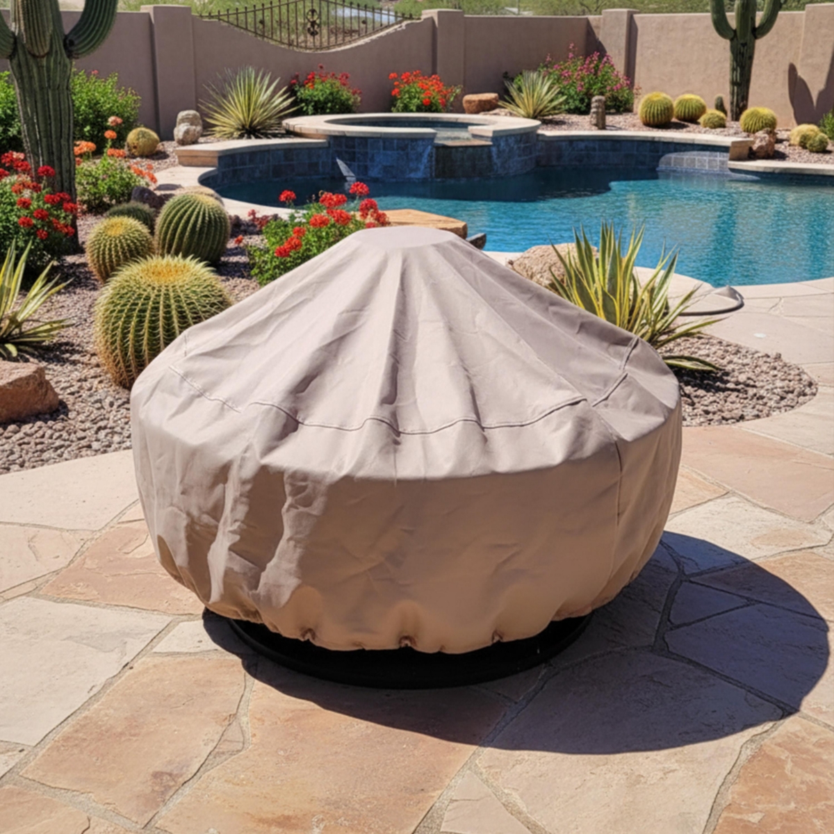 Round Outdoor Fire Pit Cover - Heavy-Duty 300D Polyester and Pvc with Drawstring Closure - Khaki