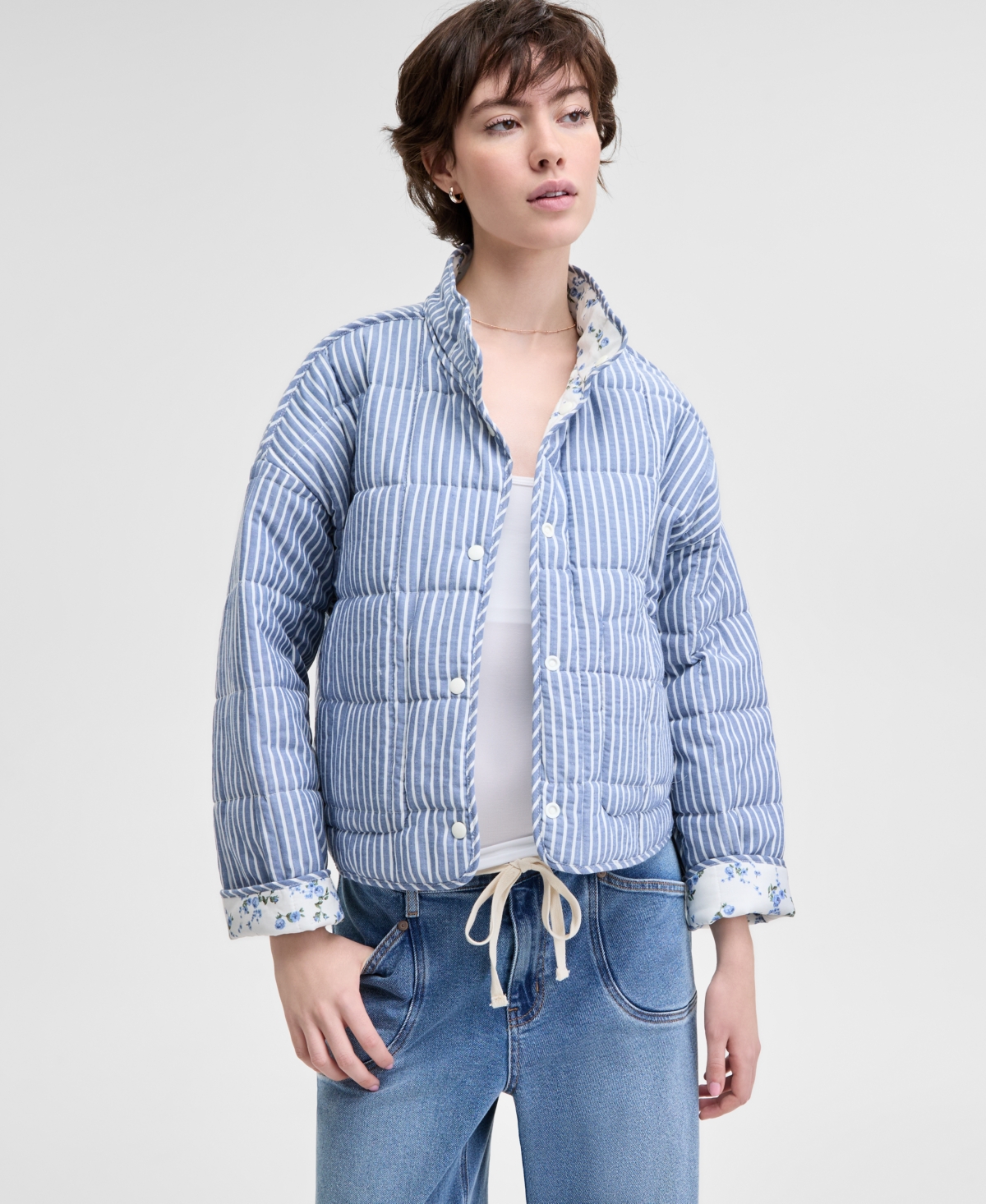 Women's Quilted Reversible Relaxed-Fit Jacket, Exclusively at Macy's - Stripe/Cream Floral