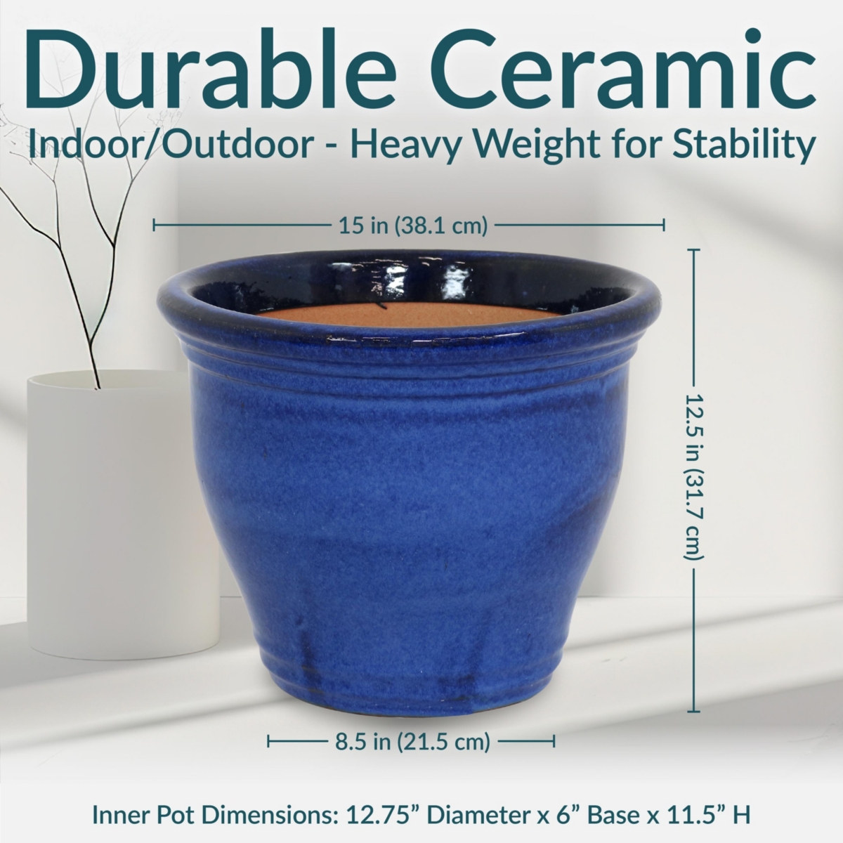 Large Ceramic Planter - Indoor or Outdoor Plant Pot with Drainage Holes - Imperial Blue Glaze Finish - 15