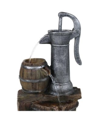 Cozy Farmhouse Pump and Barrels 23-Inch Outdoor Fountain with LED Lights - Polyresin - Electric Submersible Pump