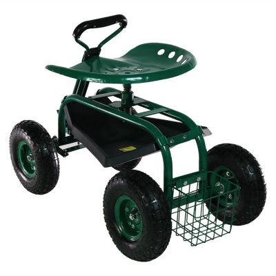 Garden Cart Rolling Scooter with Extendable Steering Handle - Swivel Seat and Utility Basket - Green